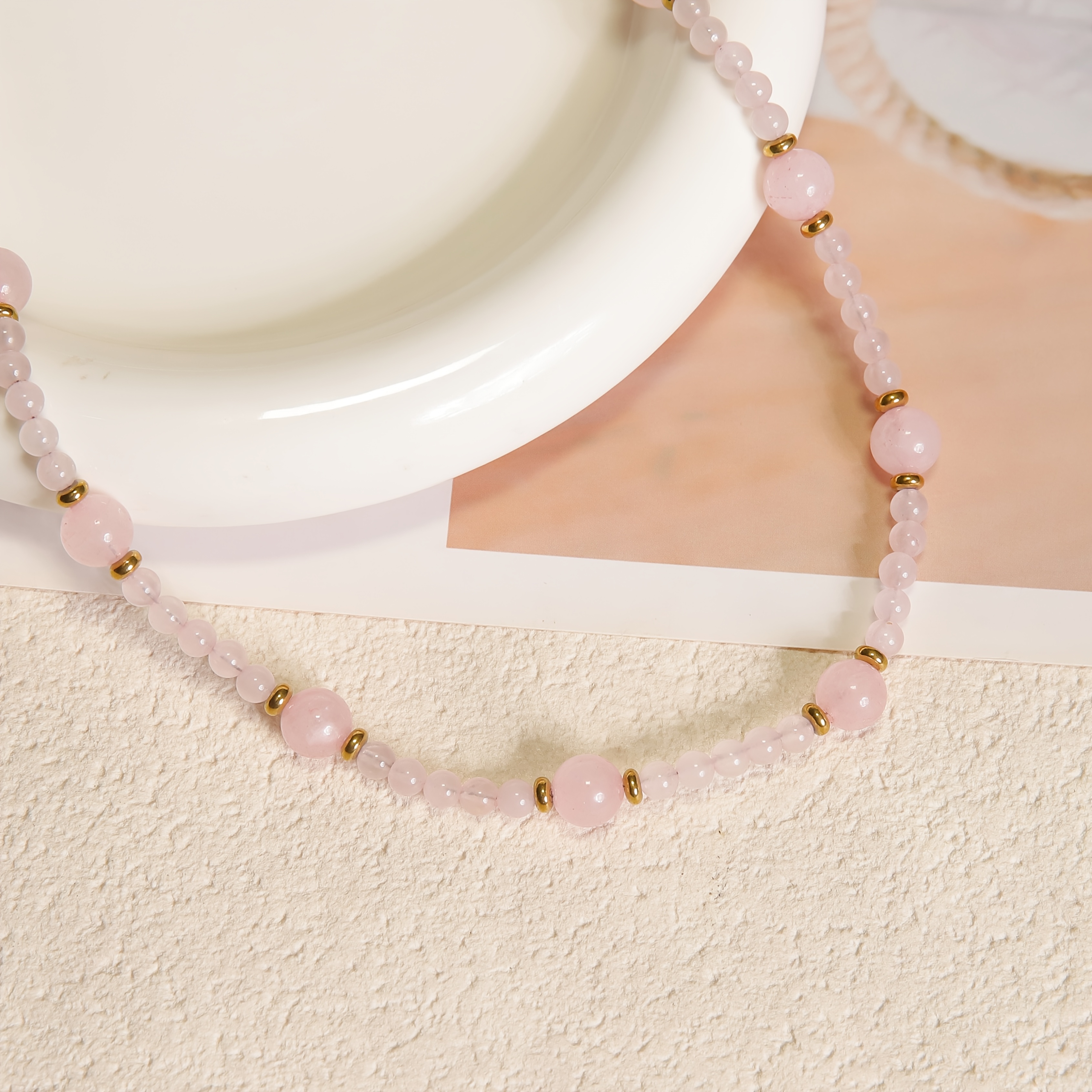 Women's Sweet Graduated Rose Quartz Bead Choker Necklace